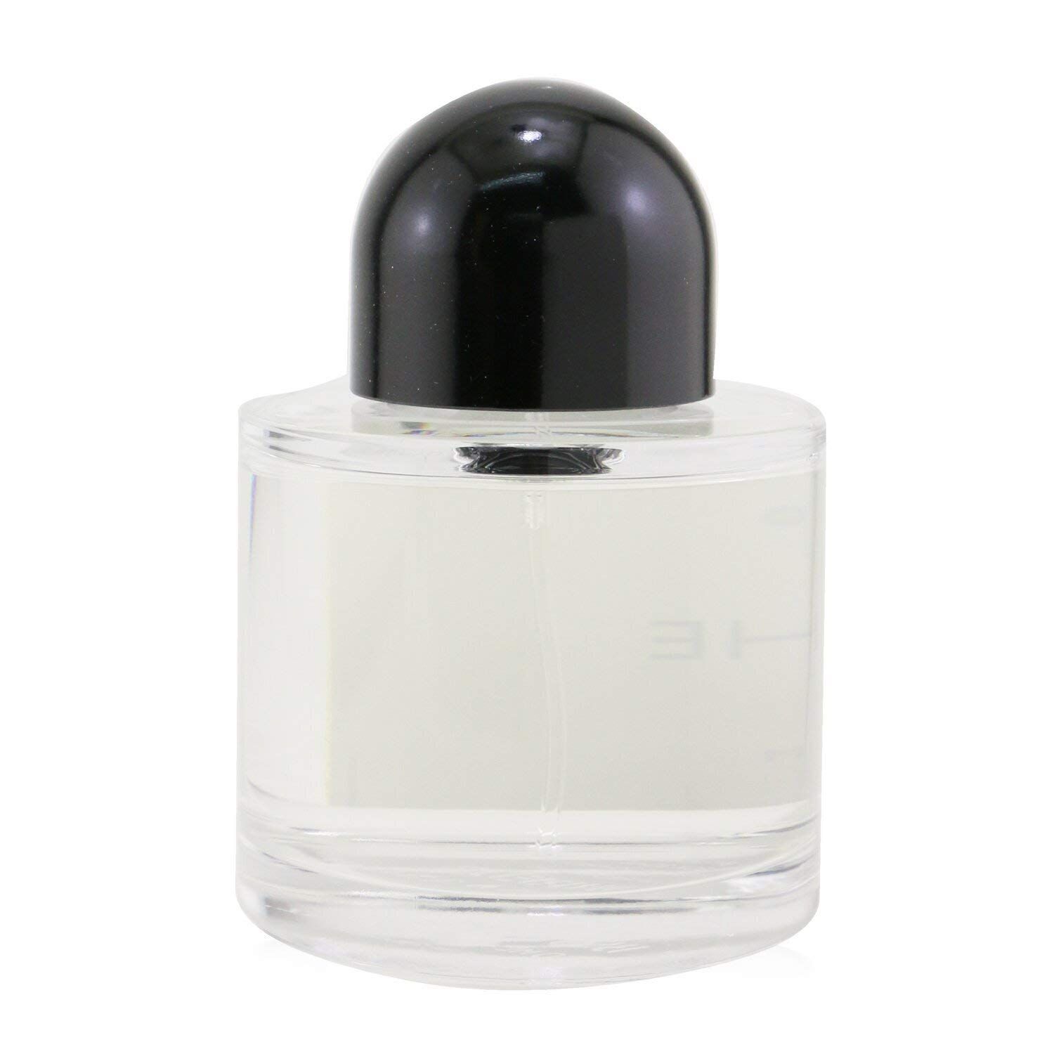 Flacone di profumo trasparente con tappo nero. Design minimalista.
