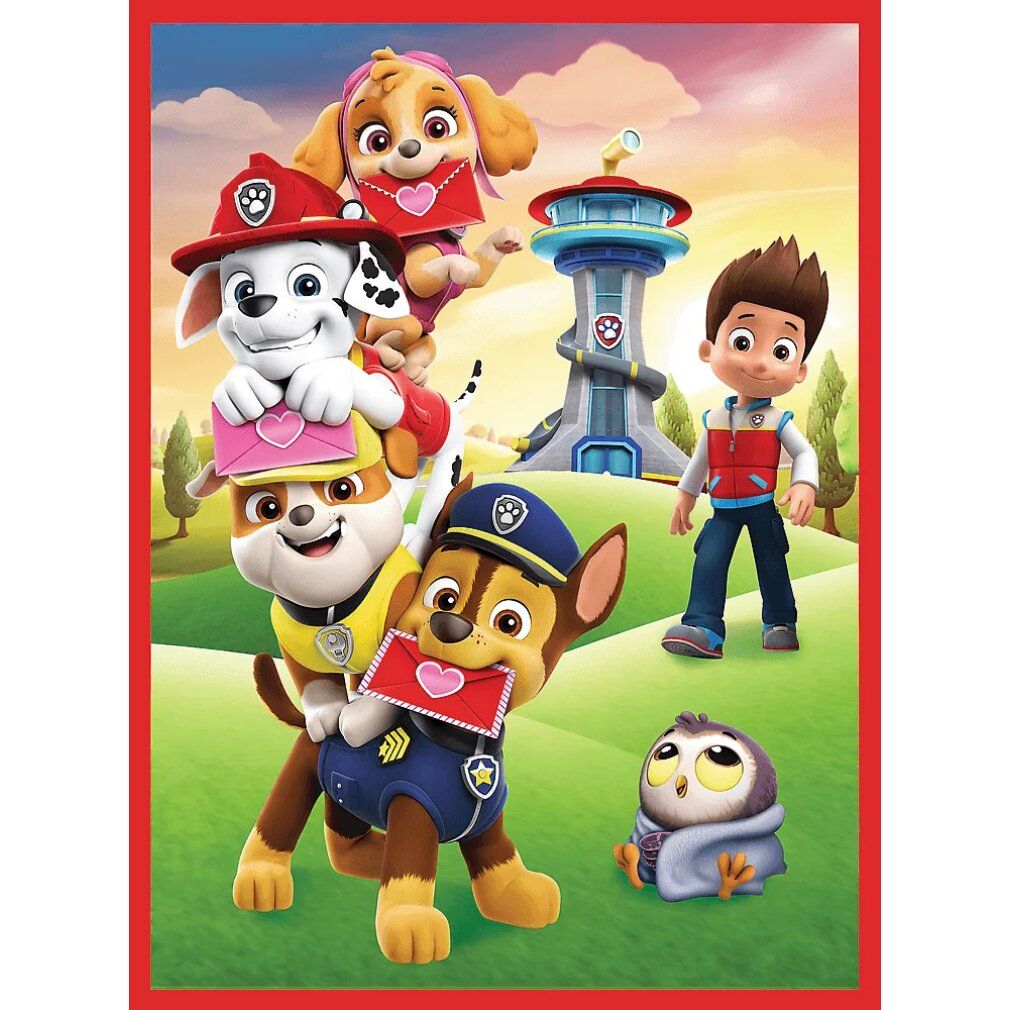 Puzzle con motivi Paw Patrol. Mostra Chase, Marshall, Skye e Ryder. Cornice rossa.