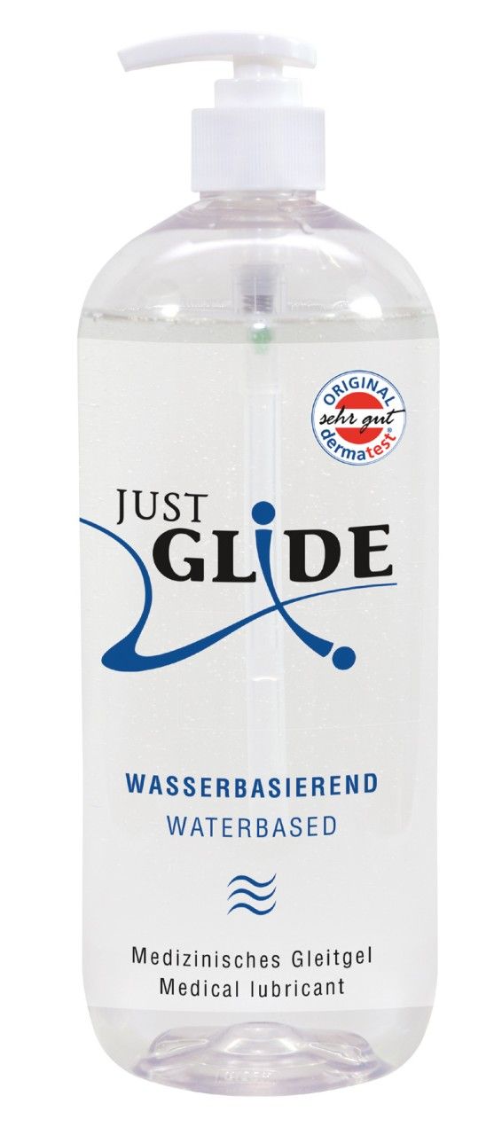 Lubrificante Just Glide a base d'acqua in flacone con pompa trasparente e sigillo Dermatest.