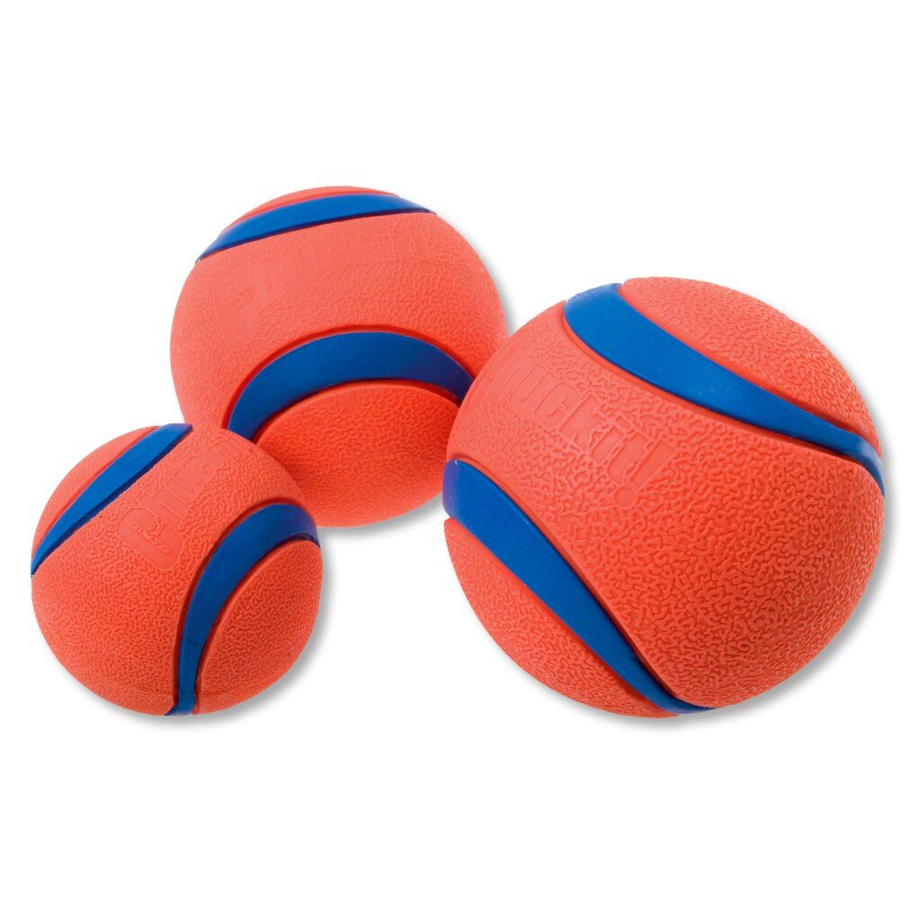 Tre palline arancioni con strisce blu. Diverse dimensioni.