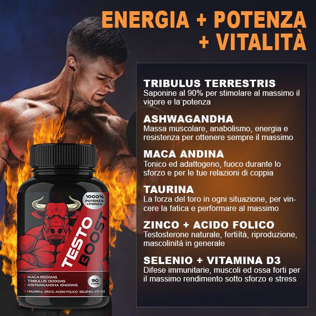 Flacone con etichetta rossa. Testo Boost. Ingredienti e uomo sullo sfondo. Flacone nero.