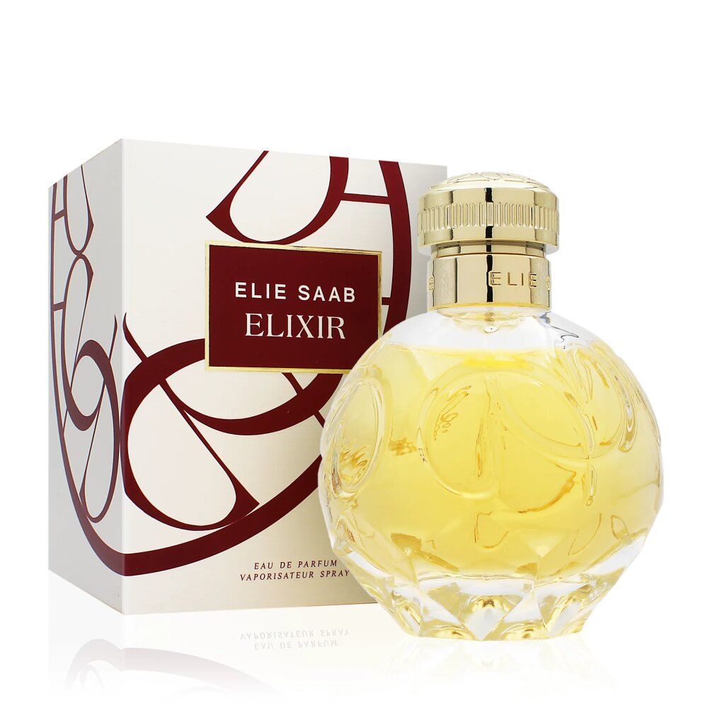 Flacone Elixir Elie Saab Eau de Parfum e confezione. Flacone rotondo, tappo dorato, base trasparente. Confezione con logo.