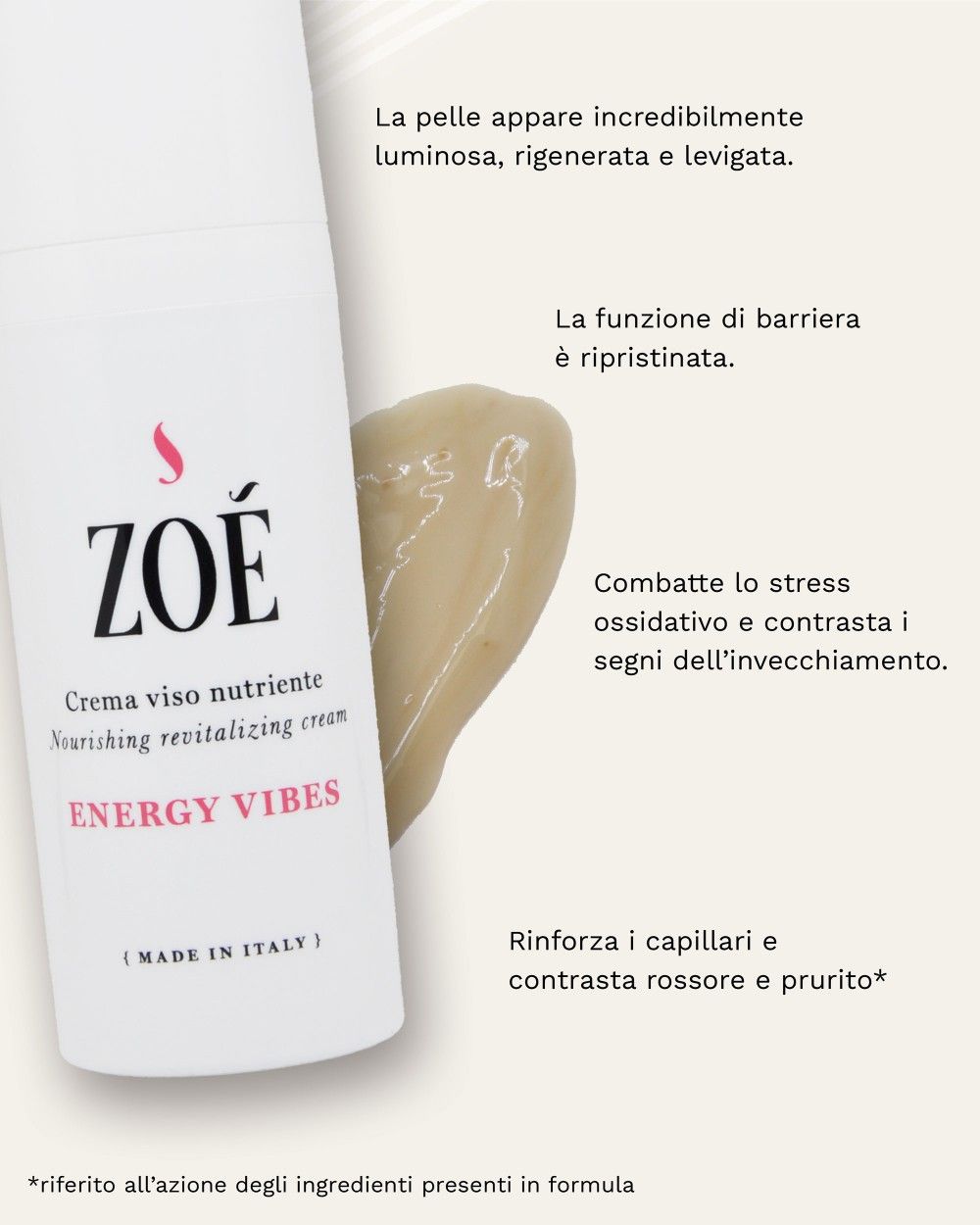 Flacone bianco con testo: ZOE, ENERGY VIBES, Crema viso nutriente. Accanto, un campione di crema con testo.