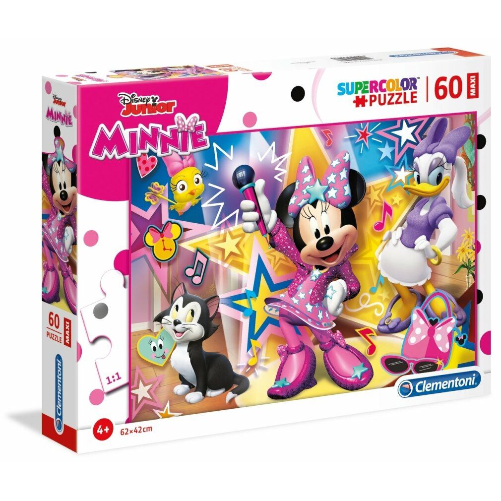 Scatola puzzle Minnie Mouse. 60 pezzi. Logo Disney Junior. Marchio Clementoni. Rosa, bianco e viola. 62x42cm.