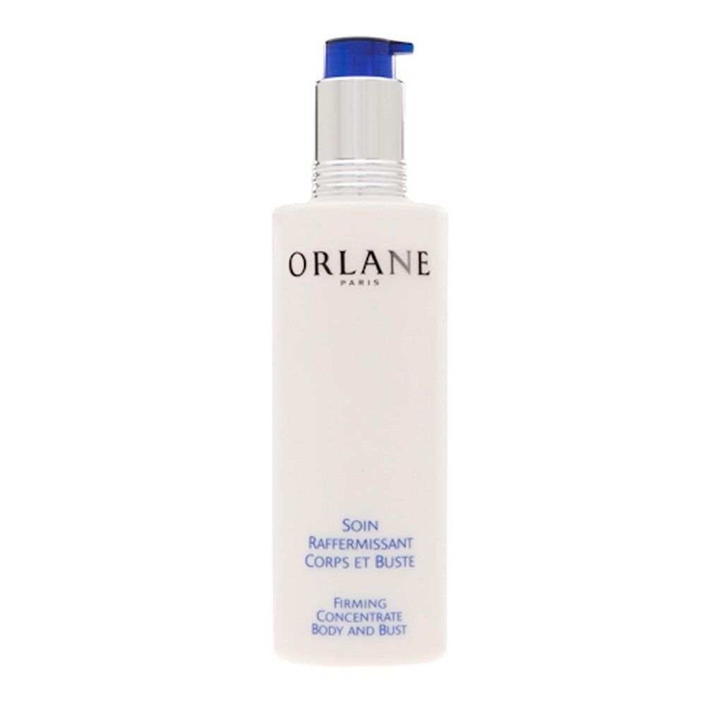 Flacone bianco con erogatore argentato e tappo blu. Testo: ORLANE PARIS, SOIN RAFFERMISSANT CORPS ET BUSTE, FIRMING CONCENTRATE BODY AND BUST.