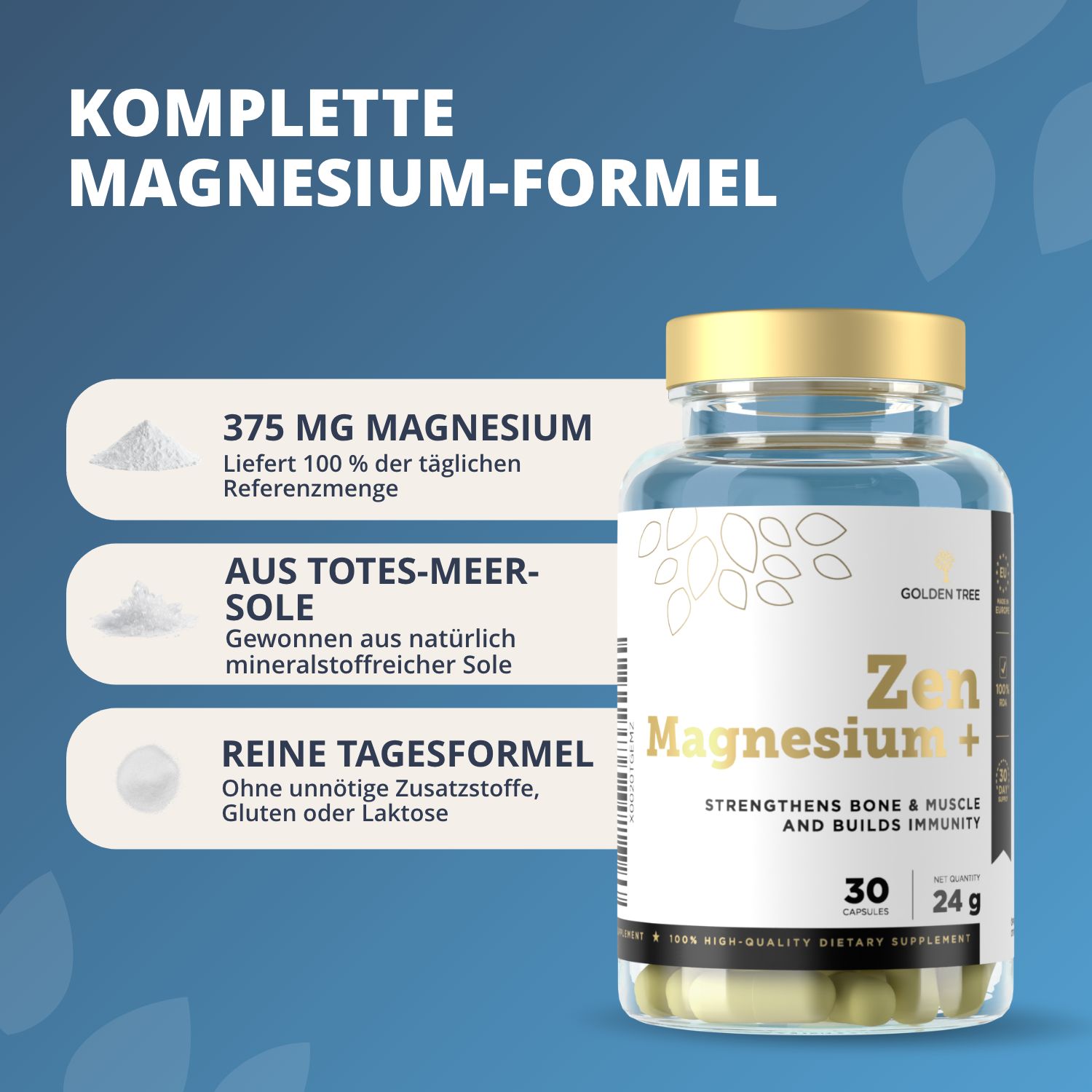 Flacone Golden Tree Zen Magnesium+ accanto a infografiche sul contenuto di magnesio e sugli ingredienti.