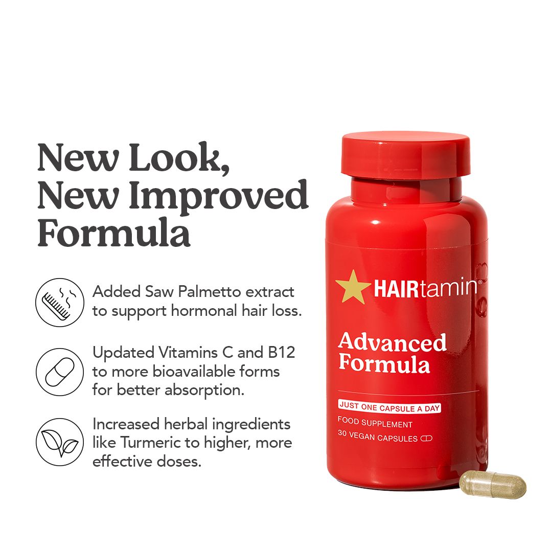 Flacone rosso HAIRtamin Advanced Formula. Scritta: Advanced Formula. Una capsula accanto. Testo: New Look, New Improved Formula.