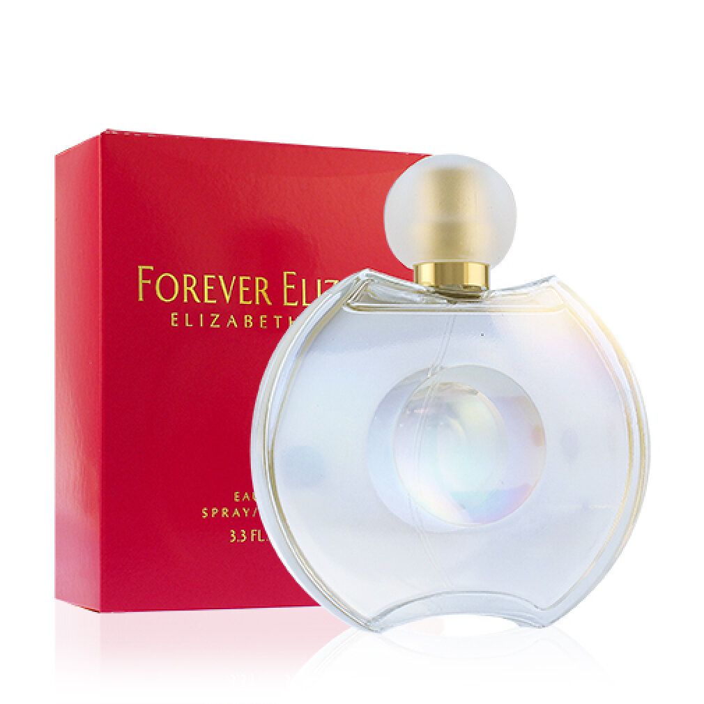 Flacone di profumo e confezione. Flacone rotondo, trasparente. Confezione rossa con testo.