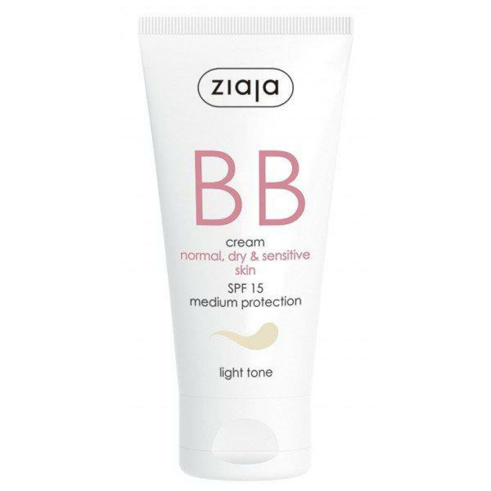 Tubo bianco Ziaja BB cream, SPF 15, per pelli normali, secche e sensibili. Scritta rosa BB e indicazione tonalità 'light tone'.
