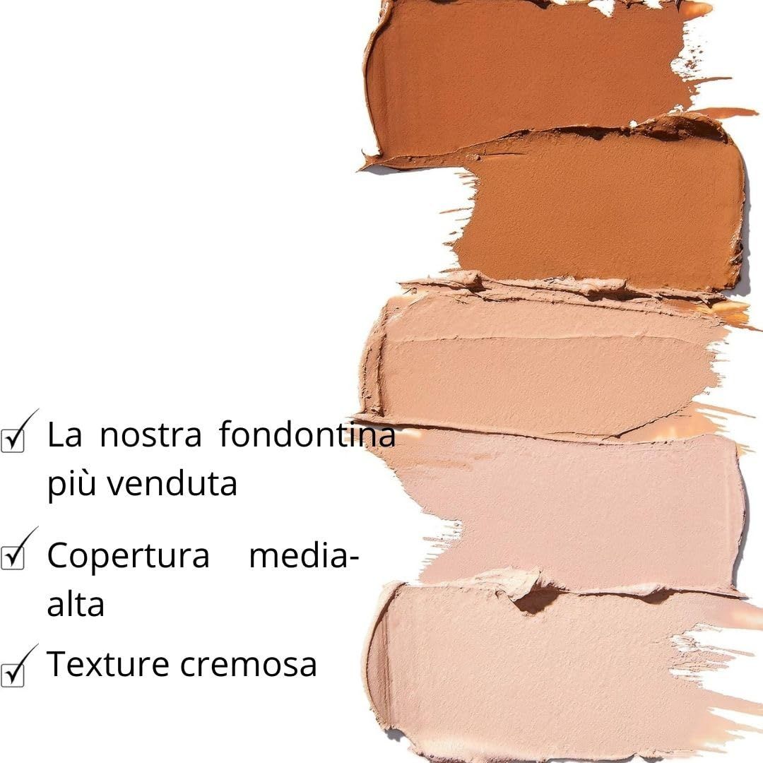 Diverse tonalità di fondotinta. Testo: La nostra fondotinta più venduta, Copertura media-alta, Texture cremosa.