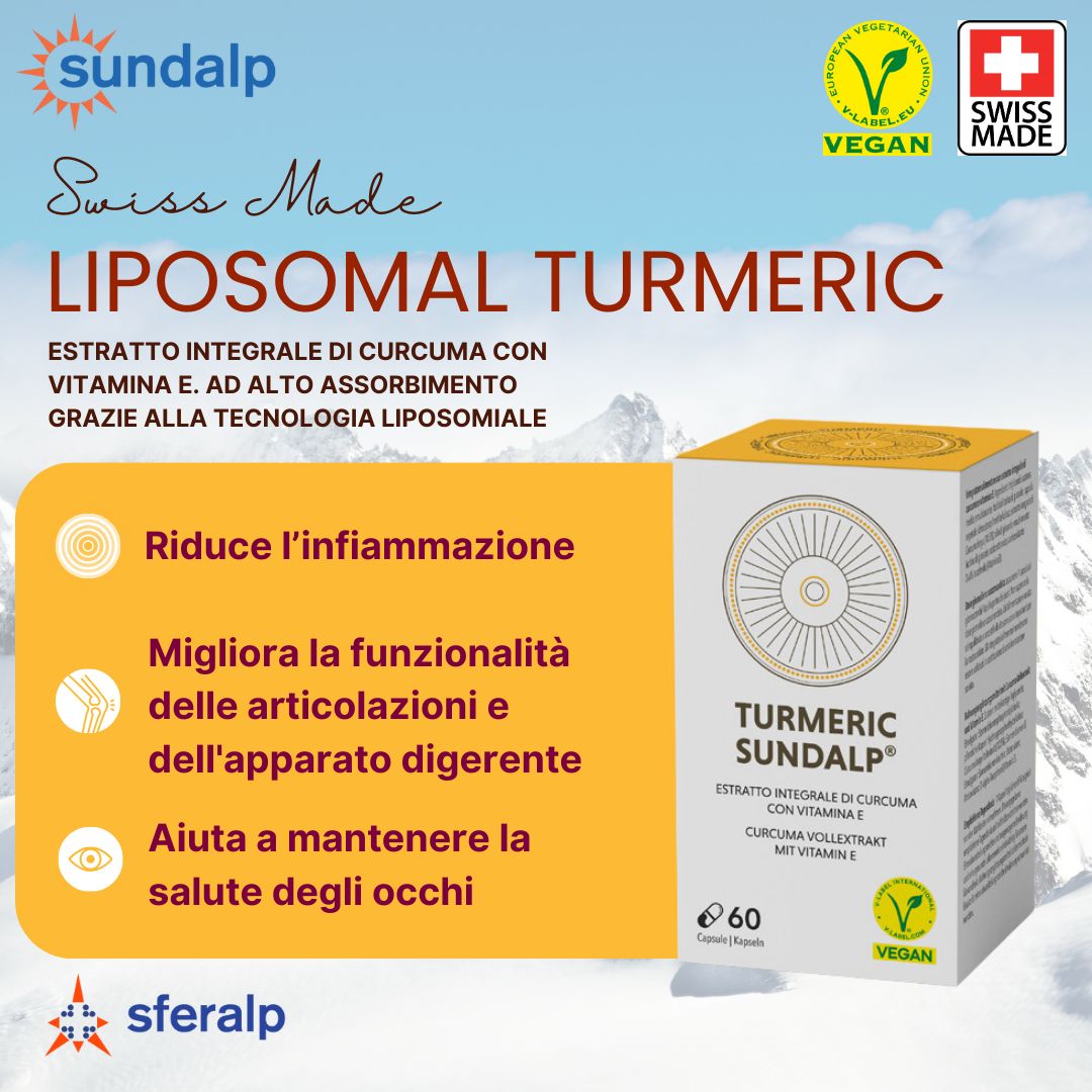 Confezione del prodotto con testo: LIPOSOMAL TURMERIC, estratto con vitamina E. Sigillo vegano, Swiss Made. Sfondo giallo con testo.