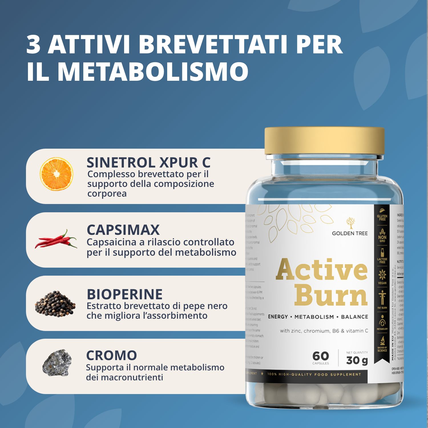 Flacone Golden Tree Active Burn con informazioni sugli ingredienti attivi brevettati.