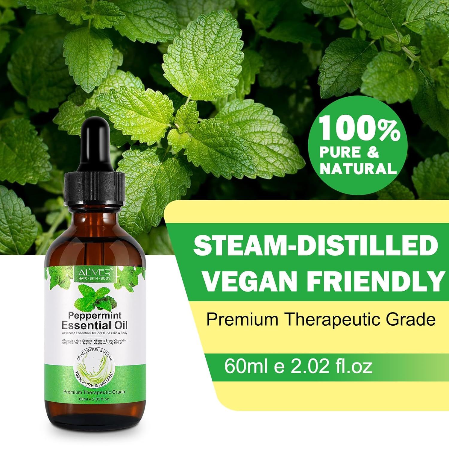 Flacone di vetro marrone con contagocce e olio essenziale. Sfondo con foglie di menta. Testo: 100% Pure & Natural, Steam-Distilled, Vegan Friendly.