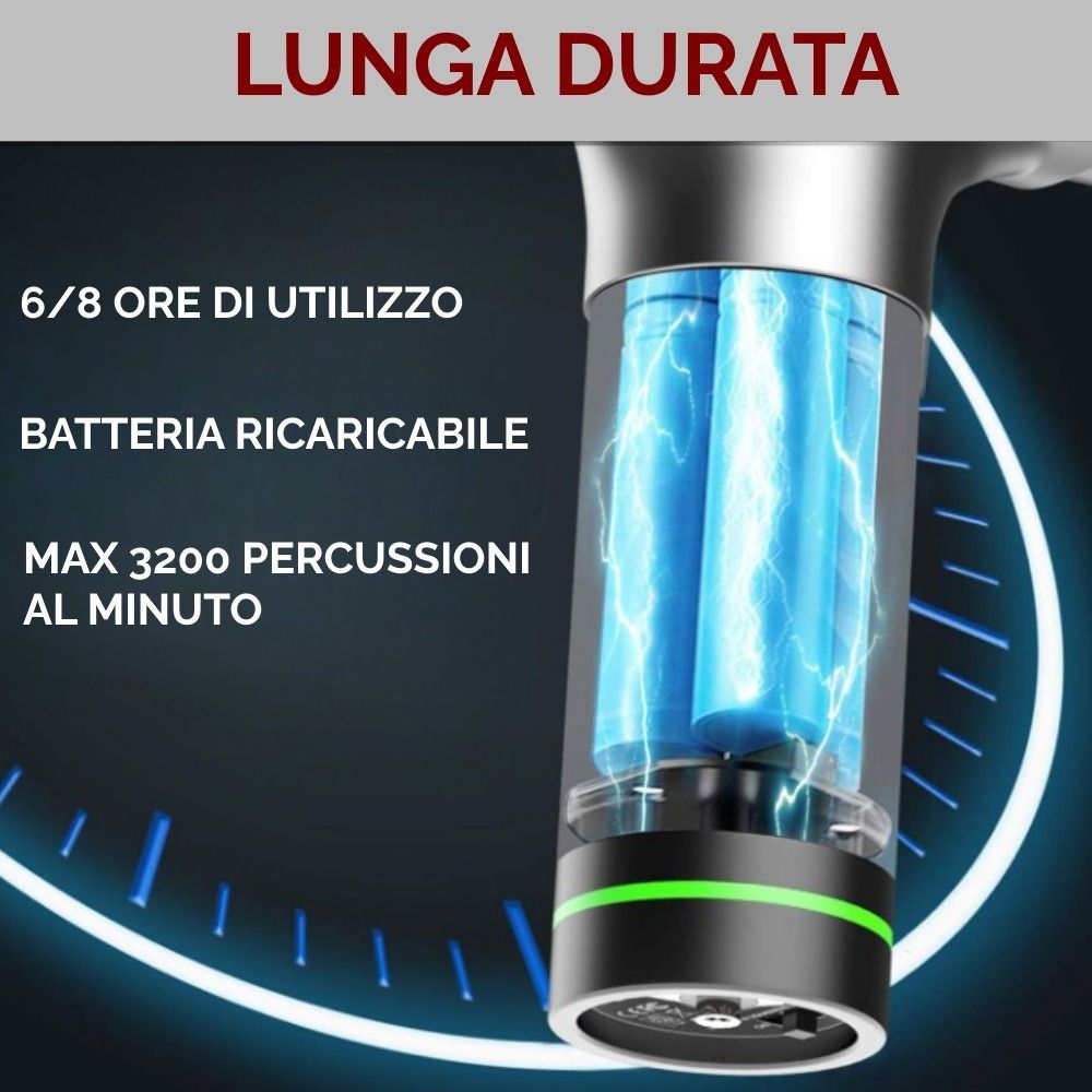 Dettaglio della pistola massaggiante. Testo: Lunga durata, 6/8 ore di utilizzo, batteria ricaricabile, max. 3200 percussioni/minuto.
