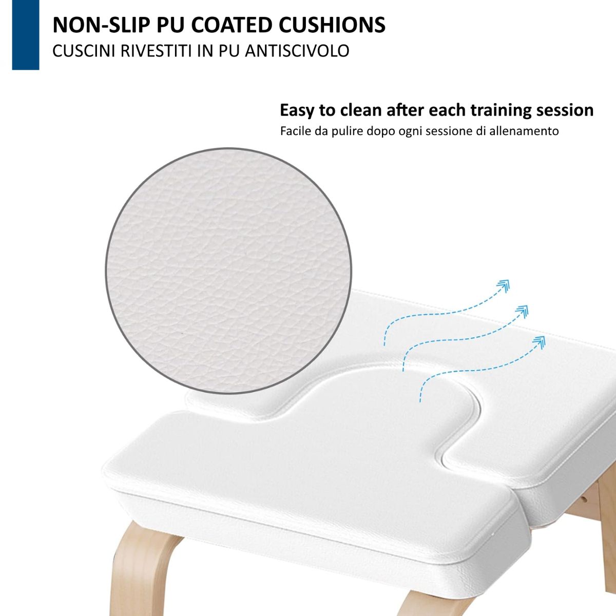 Primo piano della seduta della sedia da yoga. Cuscino bianco strutturato con incavo. Testo: « Non-Slip PU Coated Cushions ».