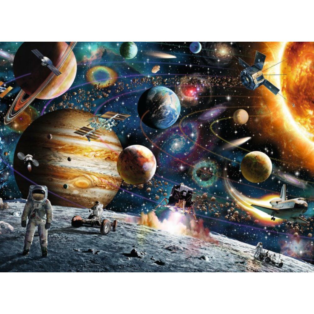 Pezi di puzzle con motivo spaziale. Pianeti, astronauti e navicelle spaziali sullo sfondo dello spazio. Rappresentazione dettagliata.
