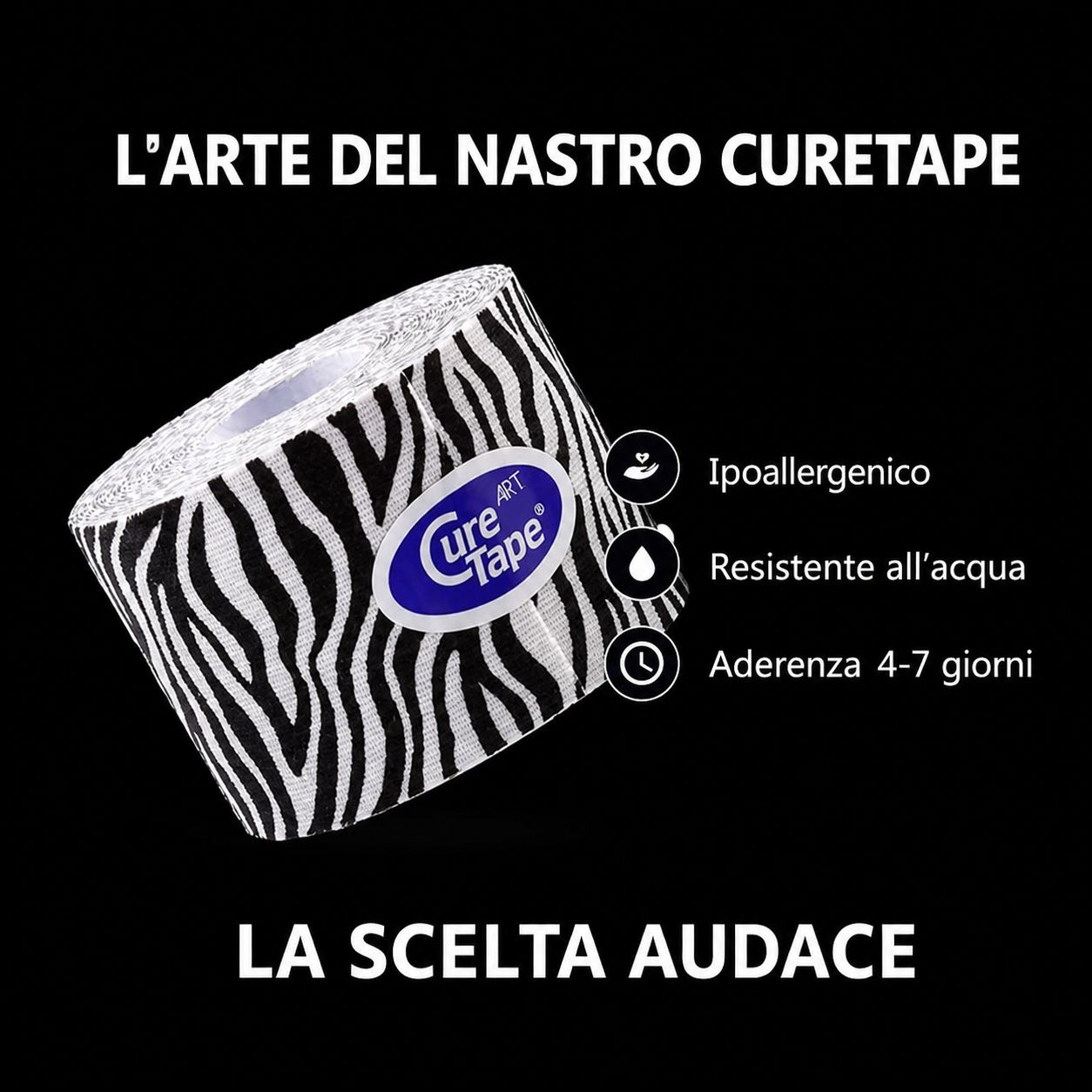 Kinesio tape zebrato applicato sulla parte superiore della schiena e sul collo di una persona.