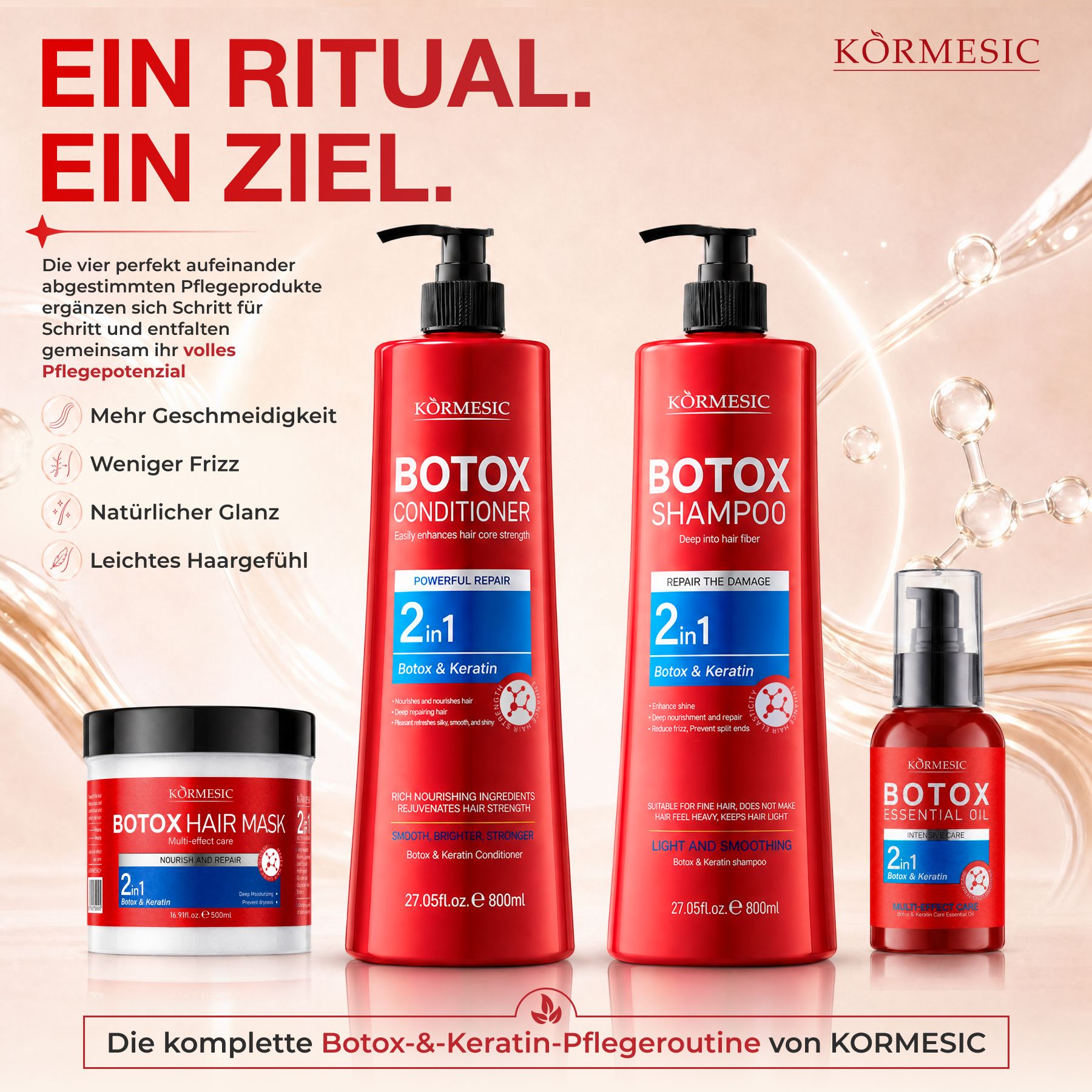 Set cura capelli Körmesic Botox & Cheratina: shampoo, balsamo, maschera e olio.