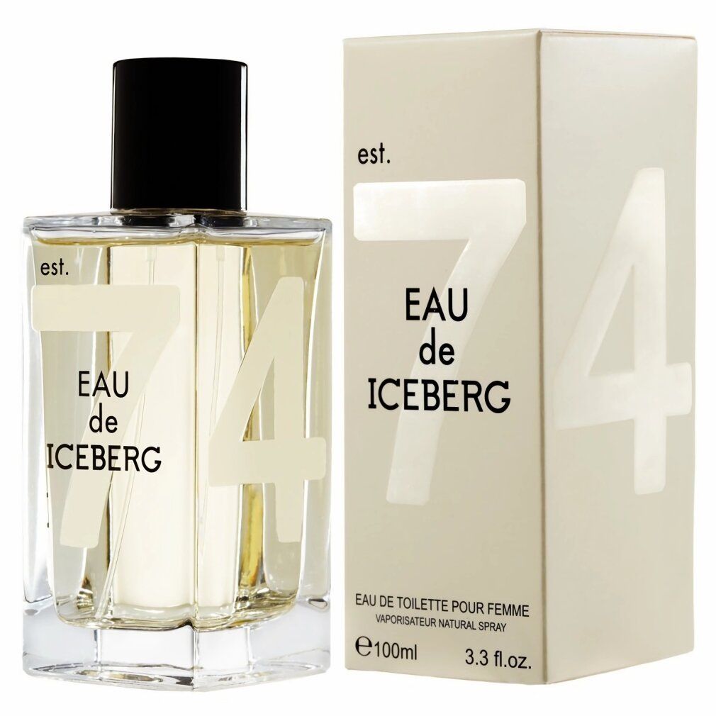Flacone di profumo e confezione. Scritta: Eau de Iceberg 74. Flacone rettangolare con tappo nero. Confezione beige.