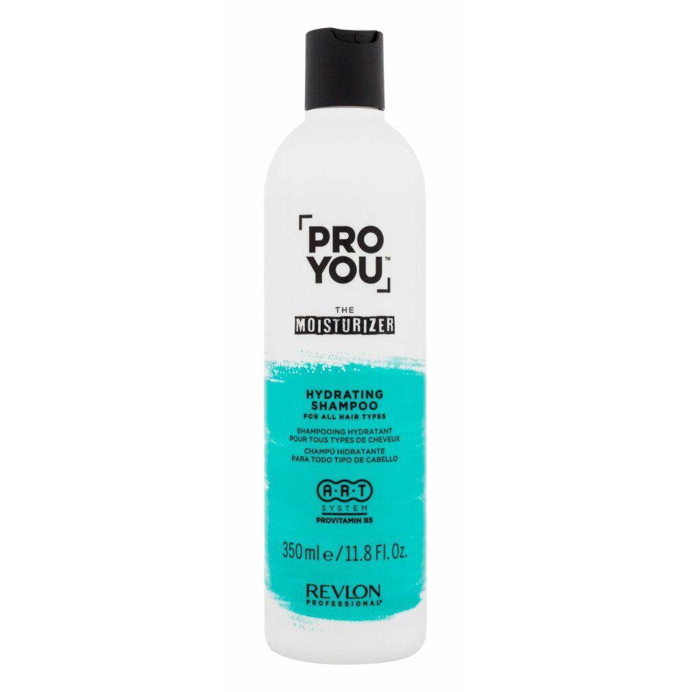 Flacone bianco con tappo nero. Scritta: Pro You The Moisturizer, Hydrating Shampoo. Revlon Professional.
