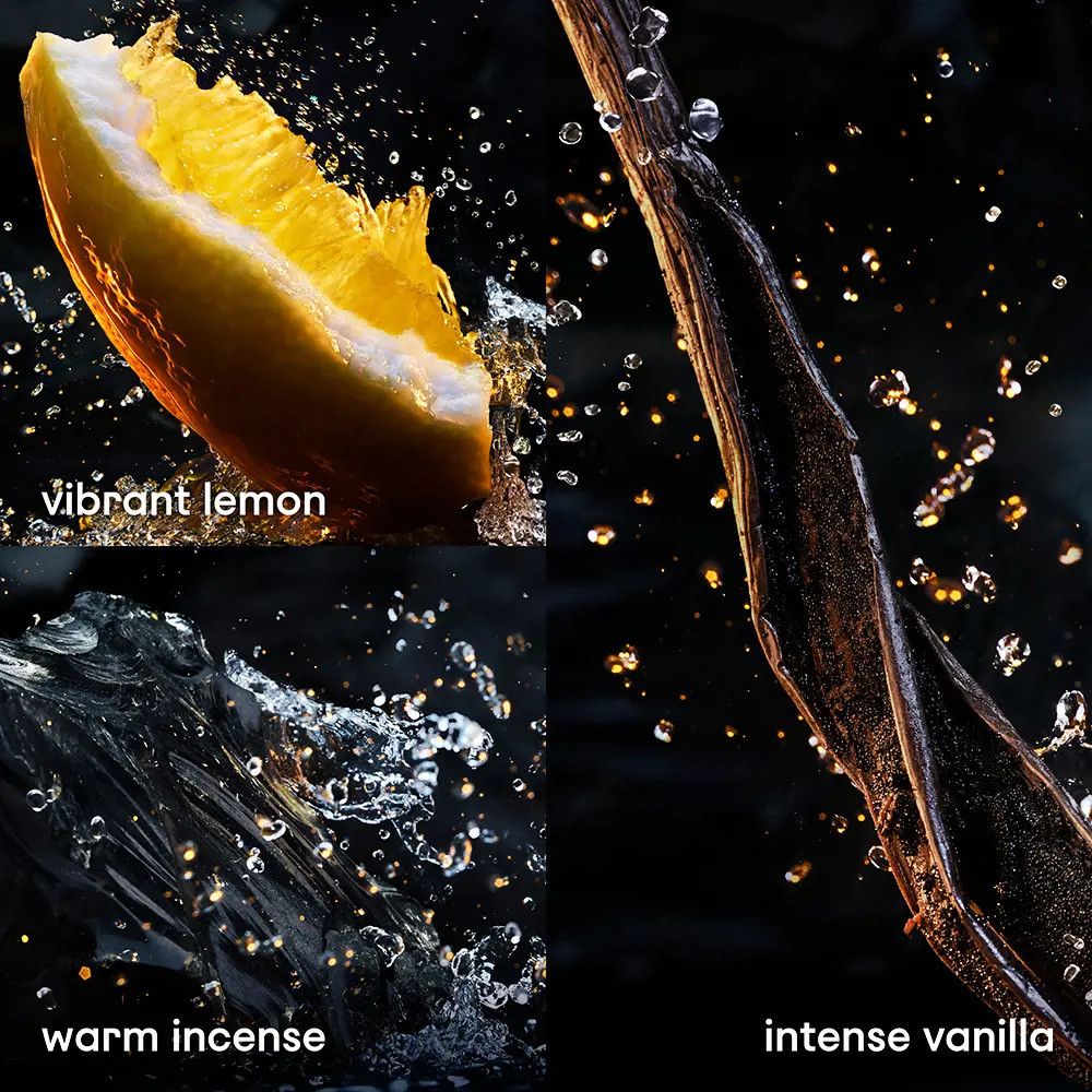 Tre immagini con testo: "vibrant lemon", "warm incense", "intense vanilla". Acqua e ingredienti.