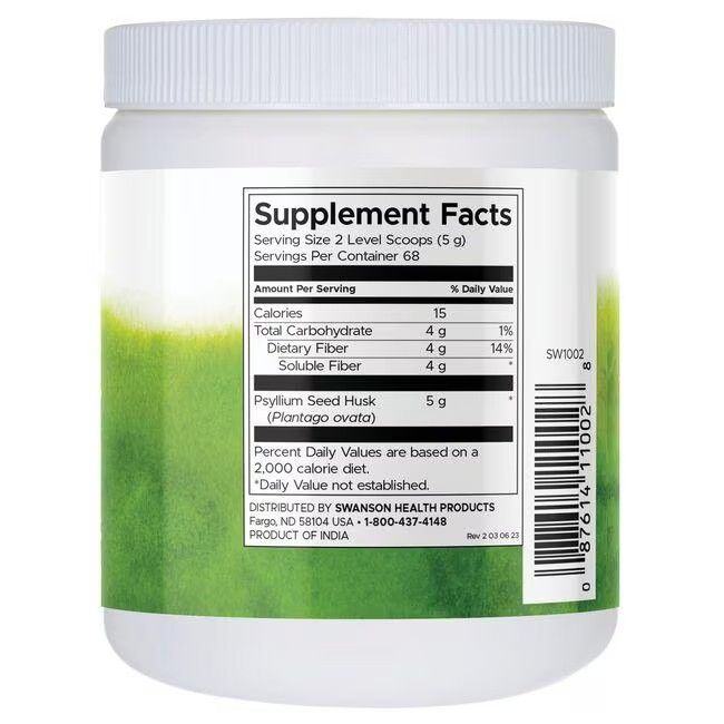 Barattolo bianco, retro. Scritta: Supplement Facts, informazioni nutrizionali, Psyllium Seed Husk (Plantago ovata), 5 g.