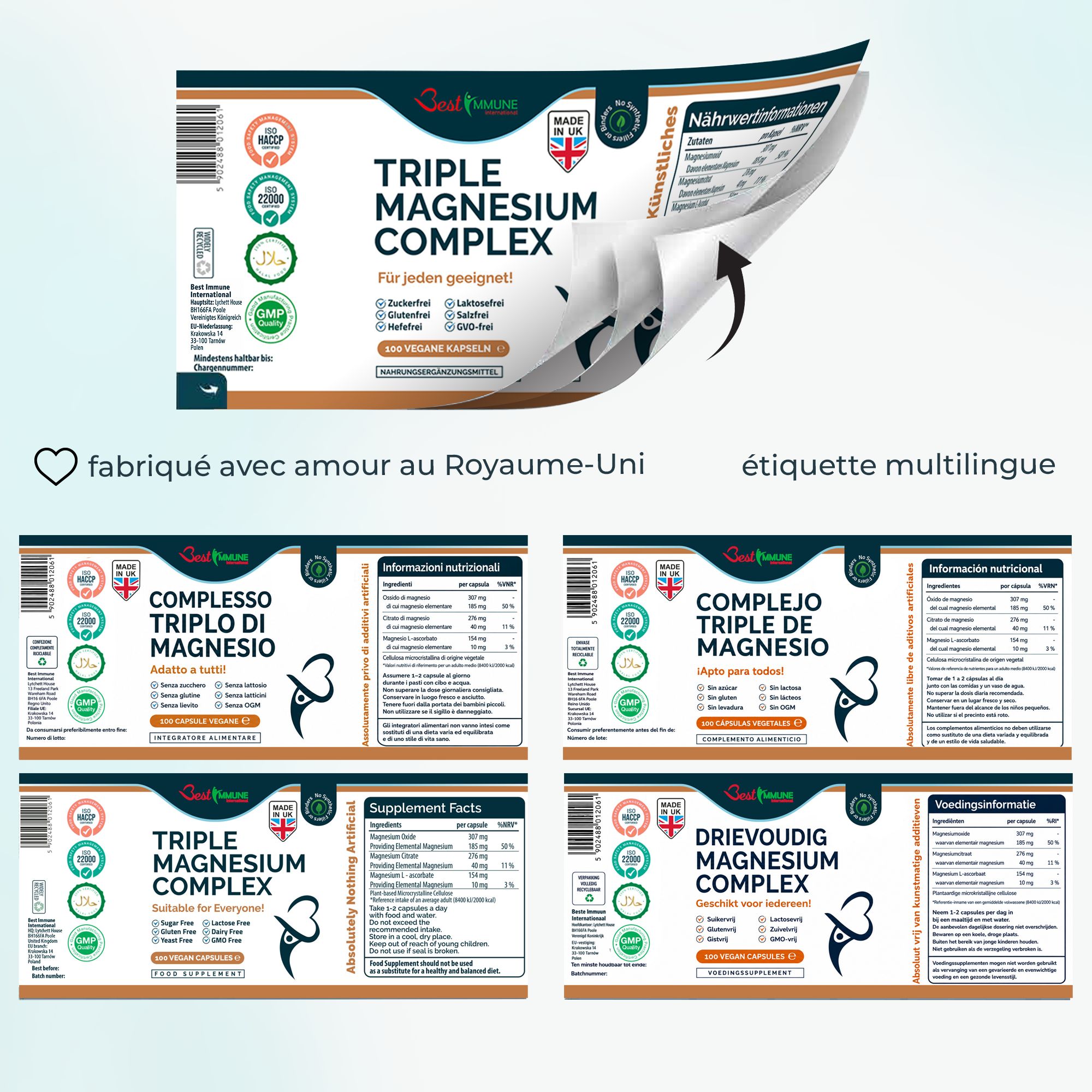 Flacone Triple Magnesium Complex con informazioni: 100 capsule, 235mg di magnesio elementare. Lunghezza capsula 21.7mm.