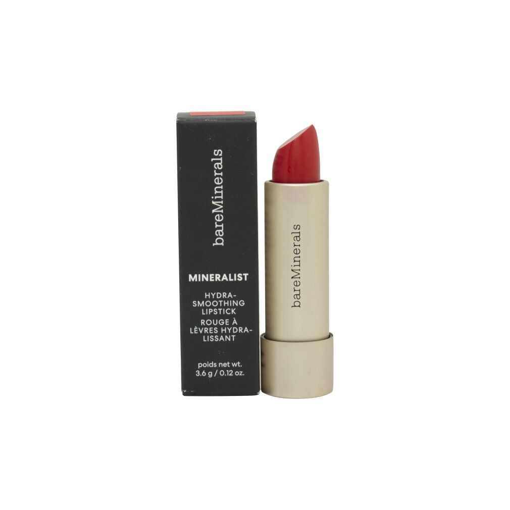 Rossetto rosso accanto a confezione nera. Marchio: bareMinerals. Testo: MINERALIST, HYDRA-SMOOTHING LIPSTICK.