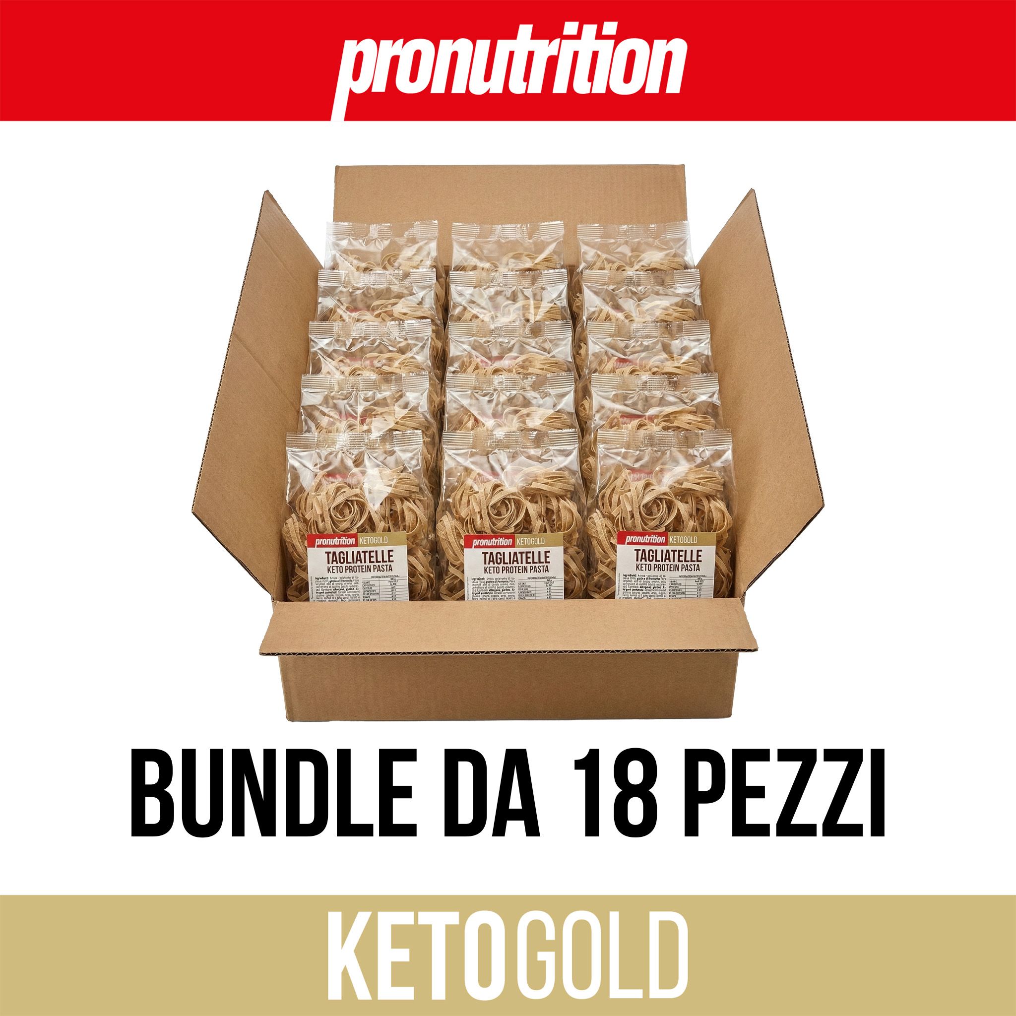 Scatola con 18 confezioni di pasta. Scritta: "BUNDLE DA 18 PEZZI". Marchio: Pronutrition. Prodotto: Tagliatelle.
