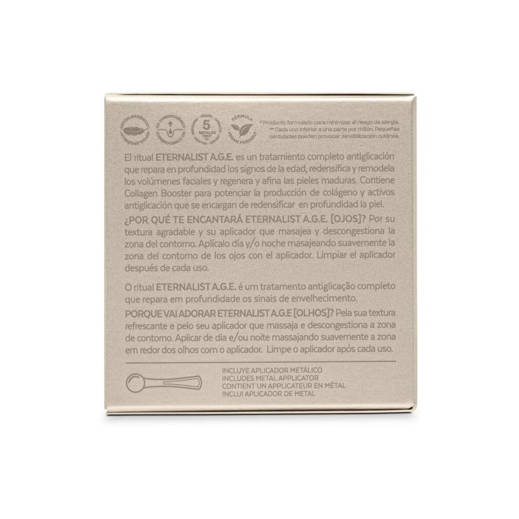 Scatola con descrizione prodotto. Testo: Trattamento Eternalist A.G.E. occhi, Collagen Booster, istruzioni, applicatore metallico.
