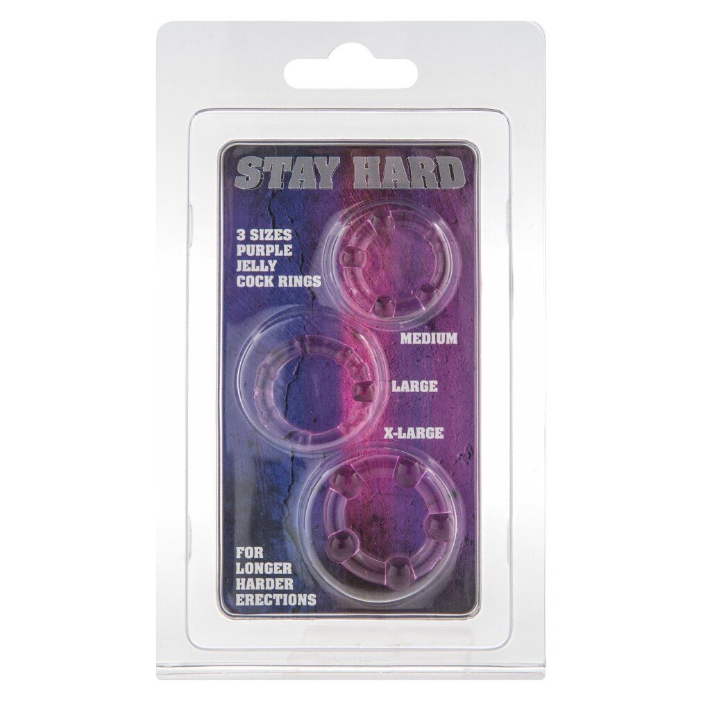 Confezione con tre anelli per il pene viola. Testo: STAY HARD, 3 taglie, Jelly, Cock Rings. Per erezioni più lunghe e dure.