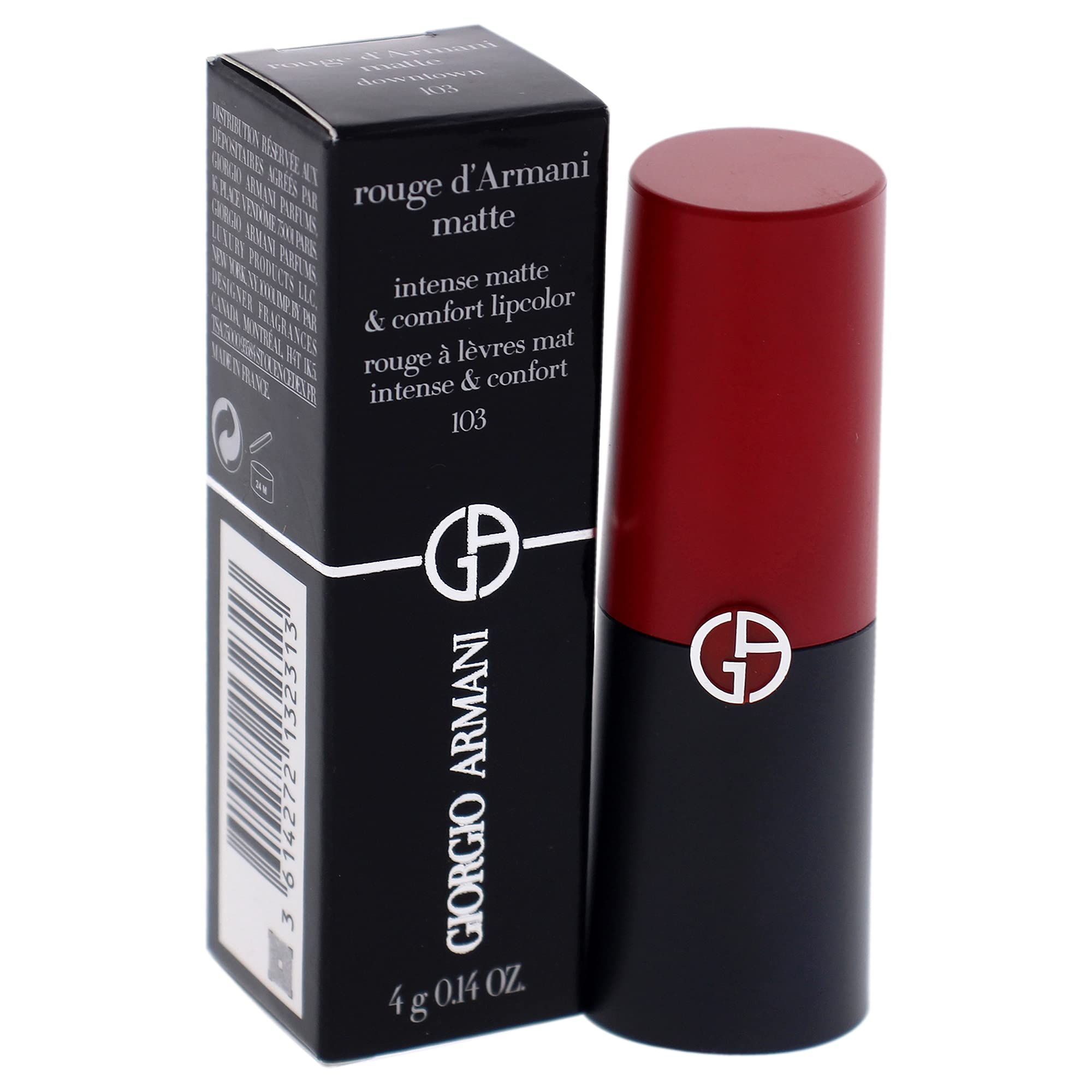 Rossetto e confezione. Confezione nera, rossetto rosso. Scritta: Giorgio Armani, Rouge d'Armani matte downtown 103.