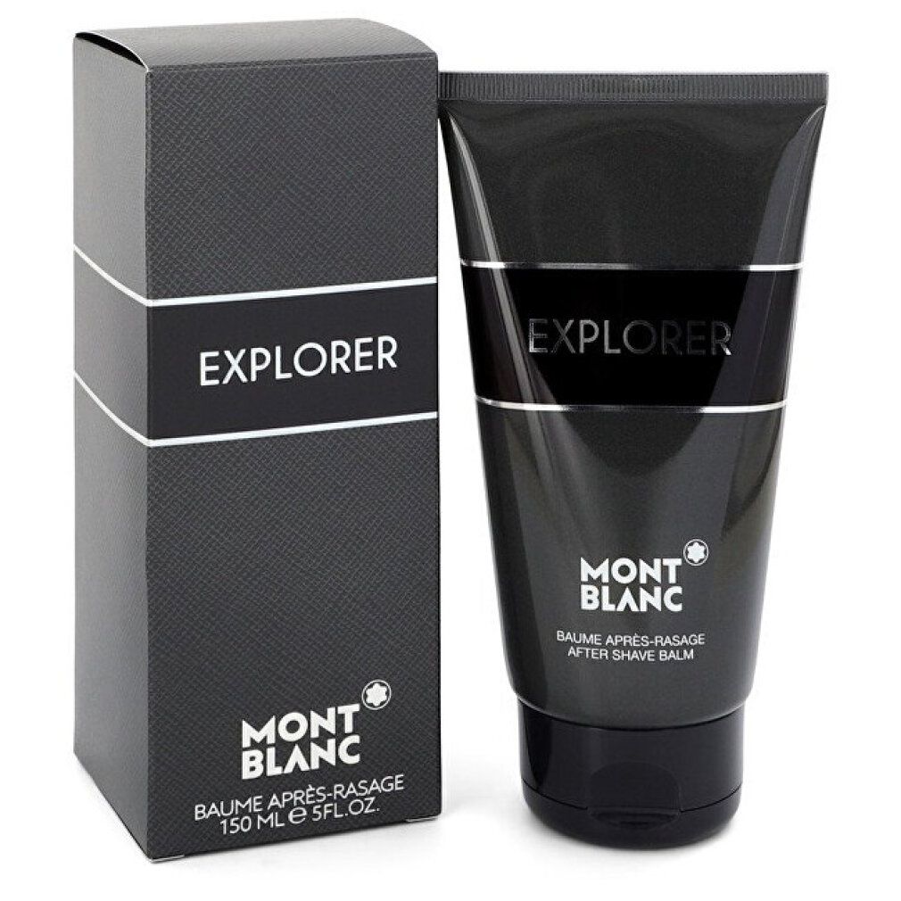 Tubo e scatola neri. Sul tubo: EXPLORER, MONTBLANC, BAUME APRÈS-RASAGE, AFTER SHAVE BALM. Scatola con EXPLORER.