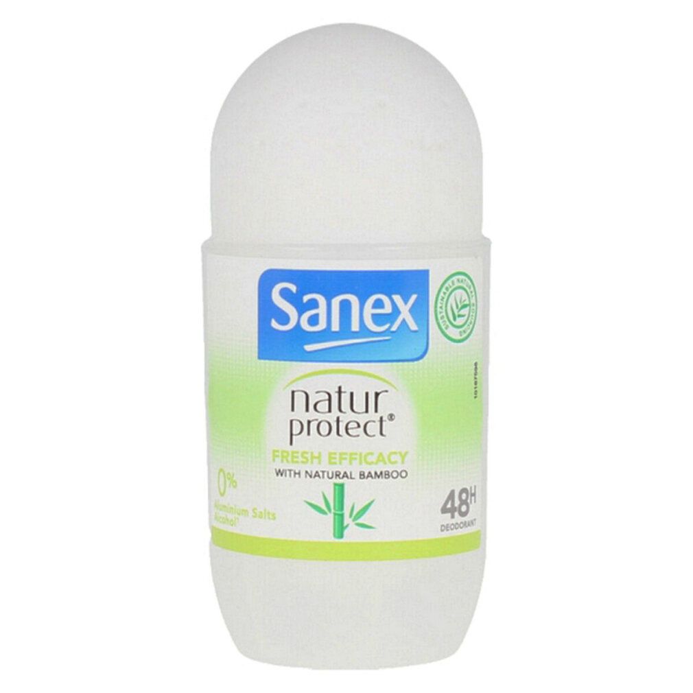 Deodorante roll-on Sanex Natur Protect. Contenitore bianco con testina roll-on. Contiene bambù. Protezione 48h. Senza sali di alluminio.