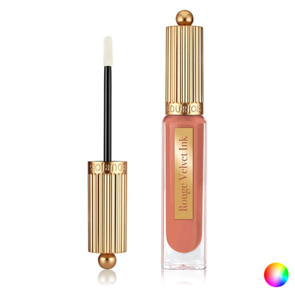 Inchiostro labbra con applicatore. Flacone trasparente, tappo dorato scanalato. Scritta: Rouge Velvet Ink.