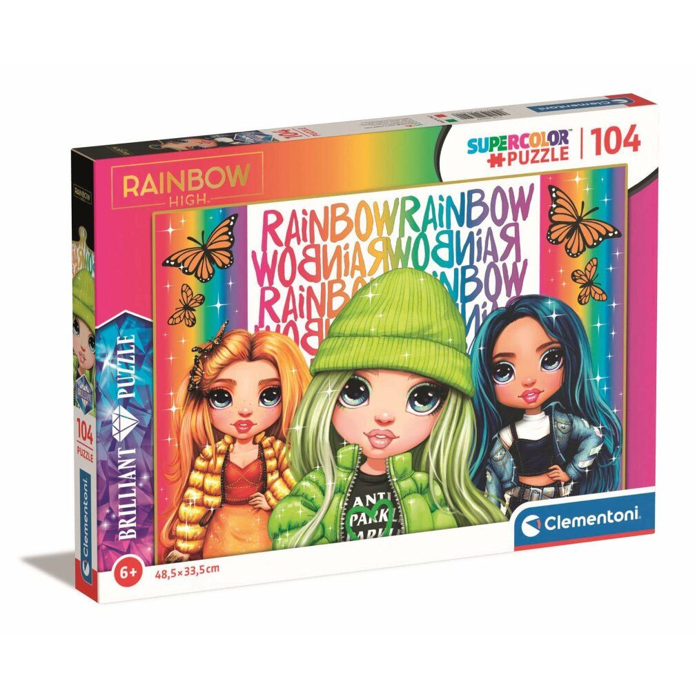 Scatola puzzle con illustrazioni di tre ragazze. Scritte: Rainbow High, Supercolor Puzzle 104, Clementoni. Età consigliata: 6+.