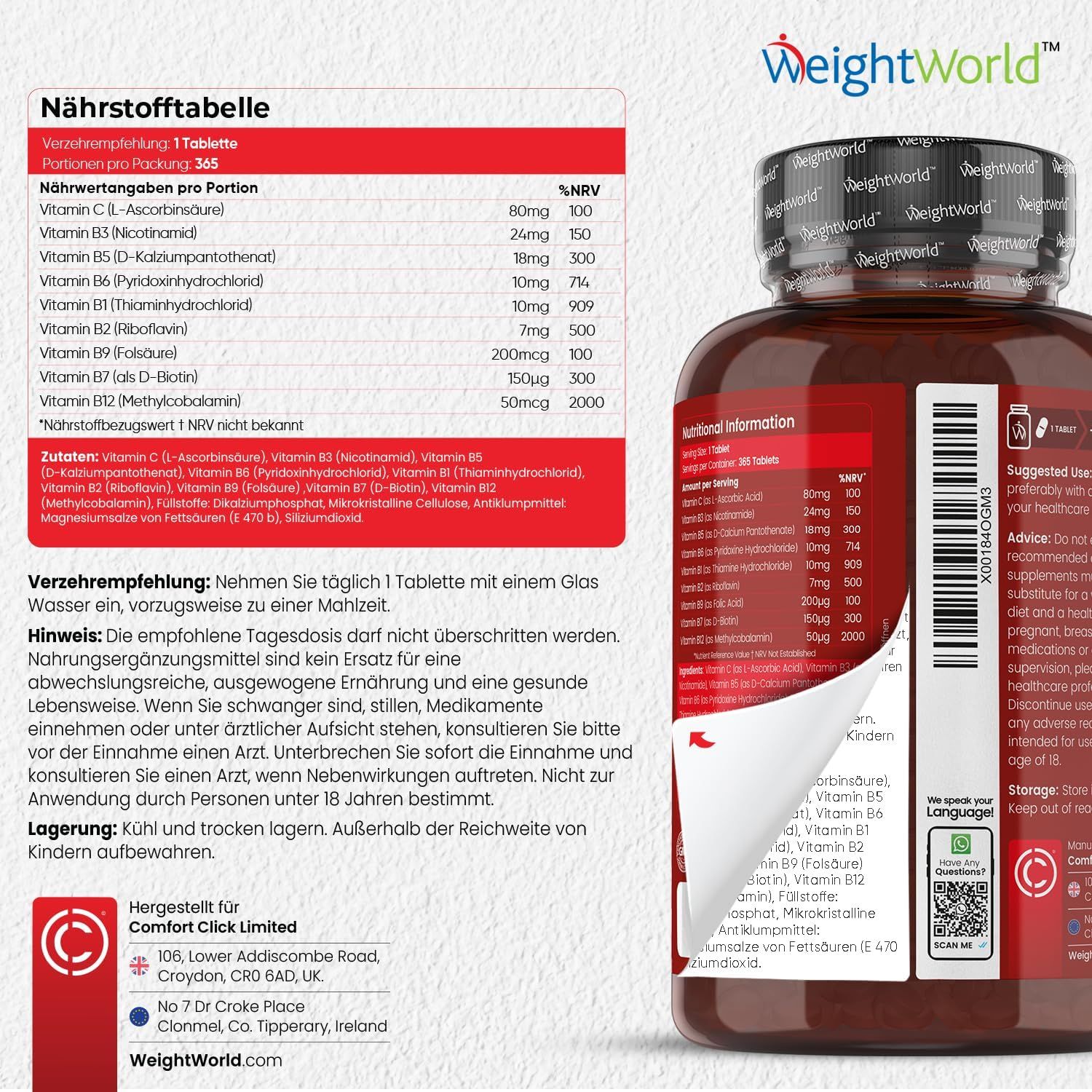 Flacone di Vitamin B Komplex. Tabella nutrizionale e raccomandazioni d'uso. Testo in tedesco. Produttore Comfort Click Limited.