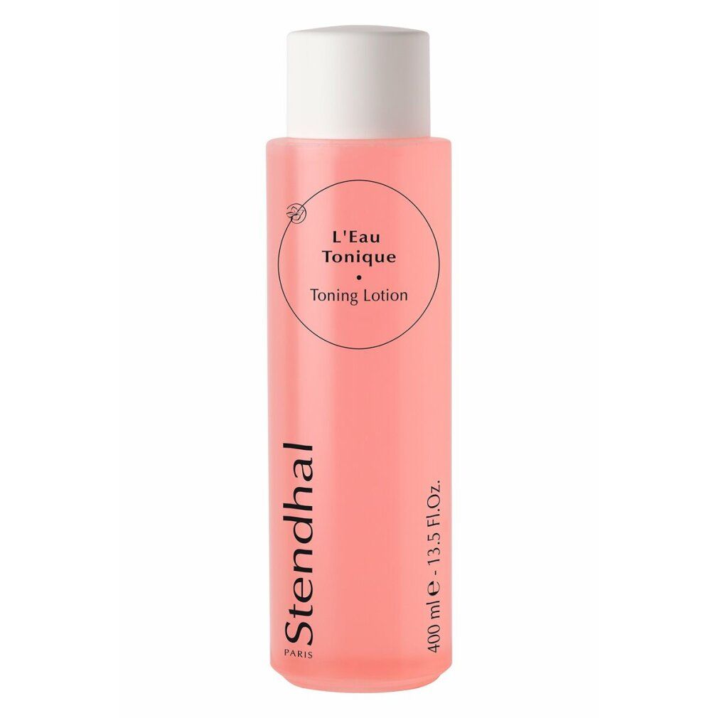 Flacone rosa con tappo bianco. Scritta: L'Eau Tonique, Toning Lotion, Stendhal Paris. Volume: 400 ml.