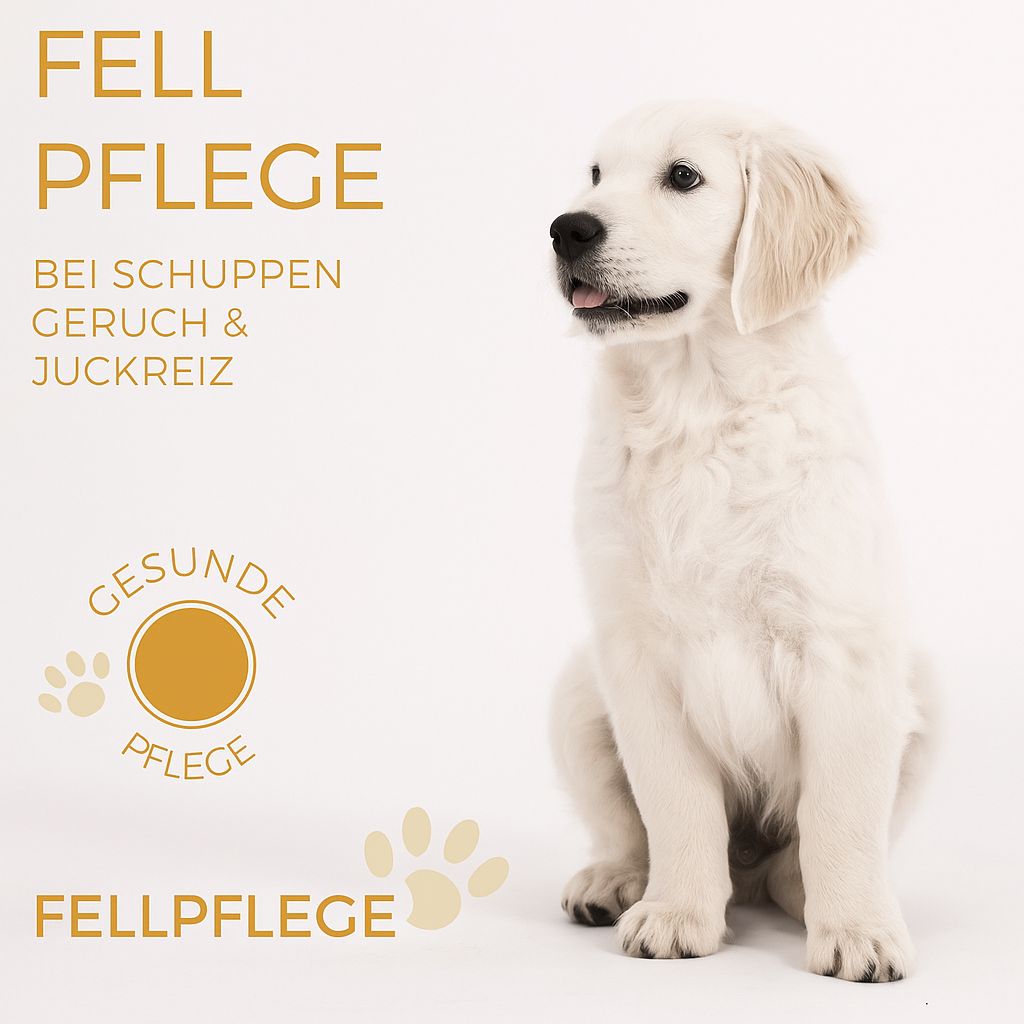Un giovane Golden Retriever chiaro è seduto dritto. Accanto, elementi testuali sulla cura del pelo e un pelo sano.