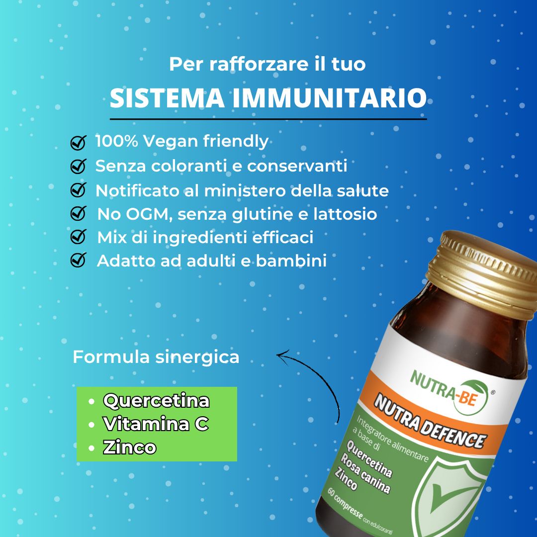 Sfondo blu con testo. Flacone "NUTRA-BE NUTRA DEFENCE". Testo: 100% vegano, senza coloranti, senza OGM, ecc. Ingredienti.