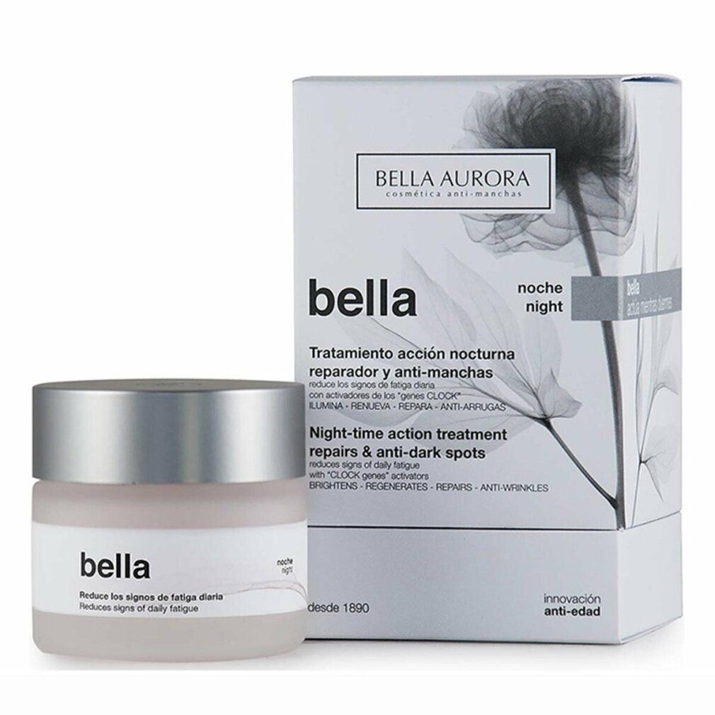 Vaso di crema e scatola. Scritta: bella, notte. Marchio: Bella Aurora.