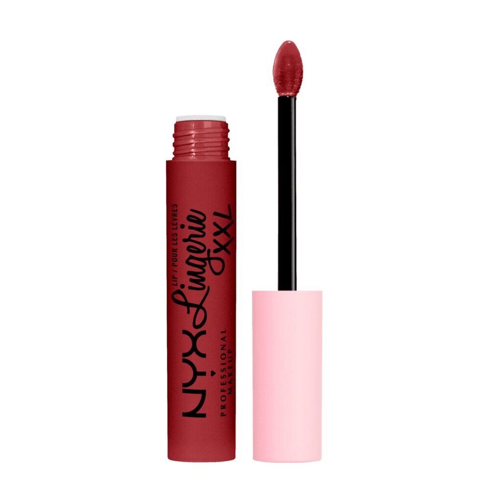 Rossetto liquido opaco NYX Lip Lingerie XXL, svitato, con applicatore, color rosso-marrone.