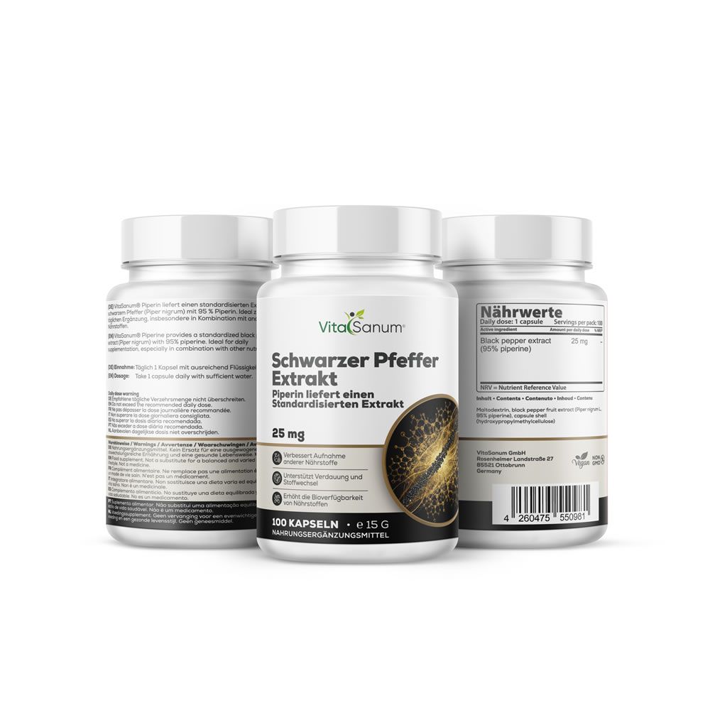 Tre flaconi di estratto di pepe nero. Scritta: VitaSanum, 25 mg, 100 capsule. Immagine di grani di pepe.