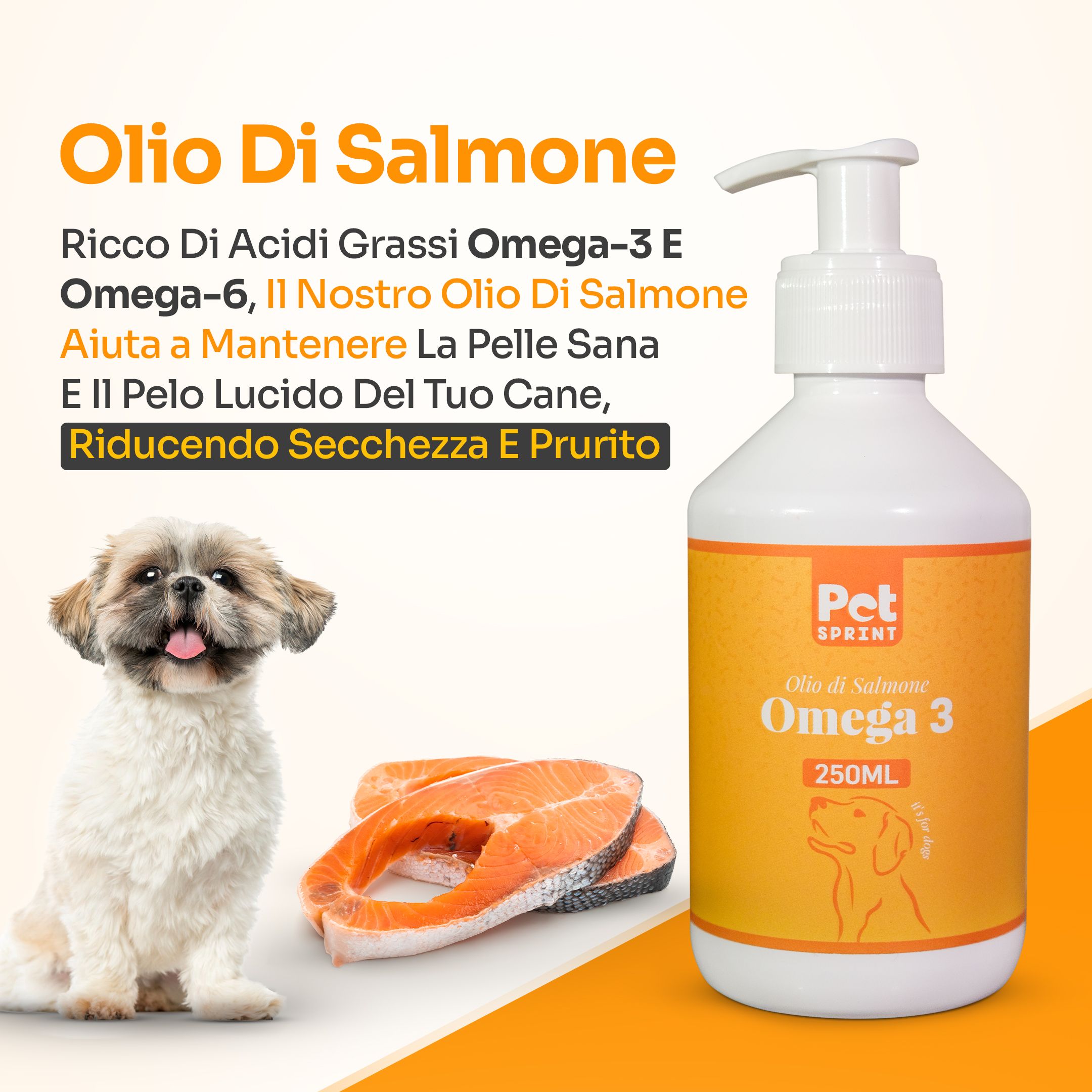 Flacone con dosatore accanto a cane e salmone. Etichetta arancione con testo. Testo: Omega 3, 250ml.