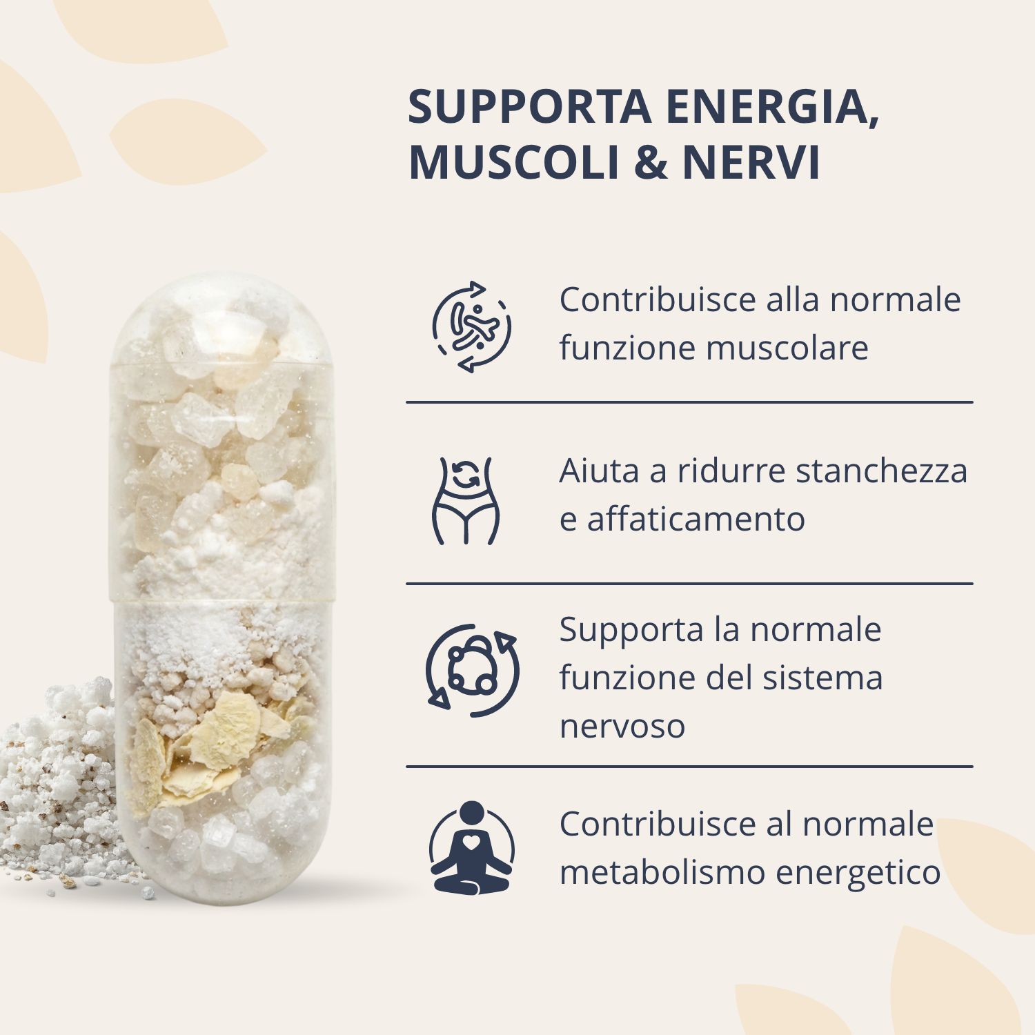 Capsula trasparente con granuli di magnesio, supporta energia, muscoli e nervi.