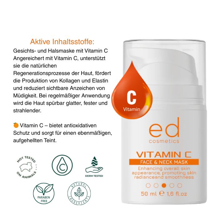 Flacone bianco con dosatore. Goccia arancione con vitamina C. Testo: Vitamin C Face & Neck Mask. Marchio: ed cosmetics.
