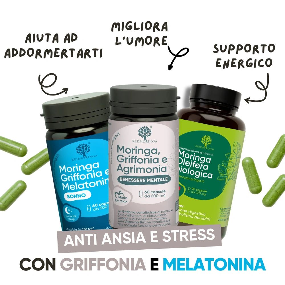 Tre flaconi di capsule. Scritta: Anti ansia e stress. Frecce indicano i benefici: sonno, umore, energia.