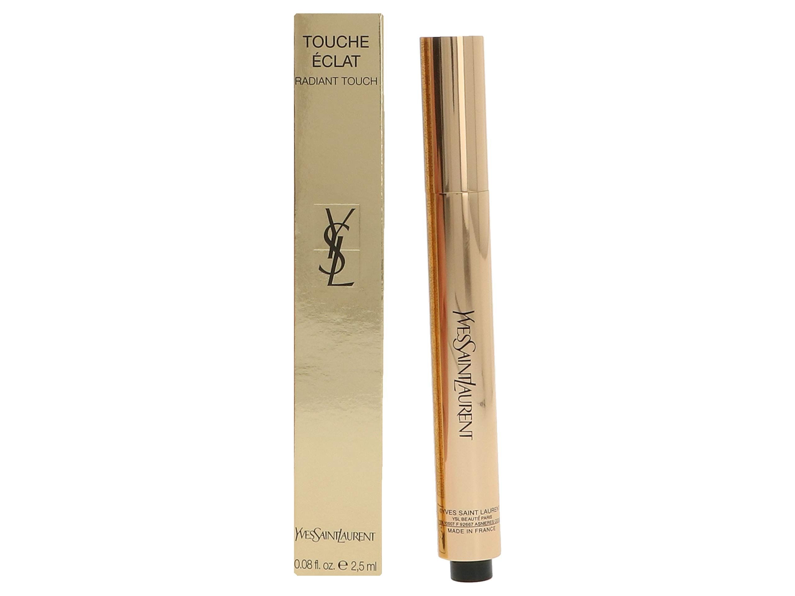 Penna e confezione dorate. Scritta: Touche Éclat, Yves Saint Laurent. Testo nero su sfondo dorato.