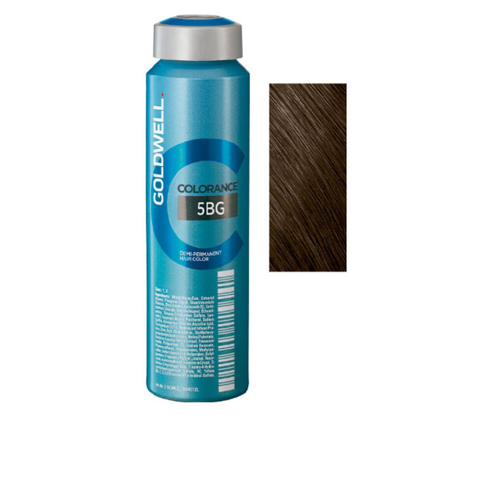 Flacone blu con etichetta. Testo: GOLDWELL COLORANCE 5BG. Campione colore accanto.