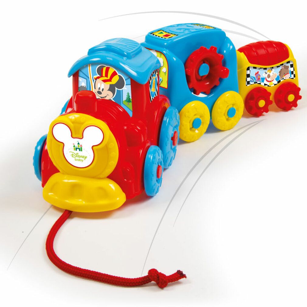 Treno giocattolo rosso, blu e giallo. Faccia di Mickey Mouse davanti. Corda rossa. Tre vagoni. Ruote e dettagli multicolori.